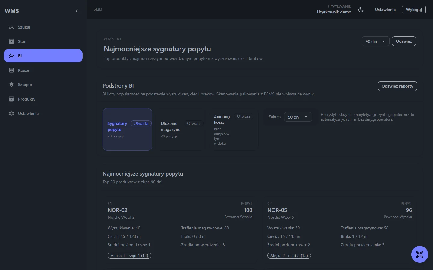 System WMS — raport popularności towarów