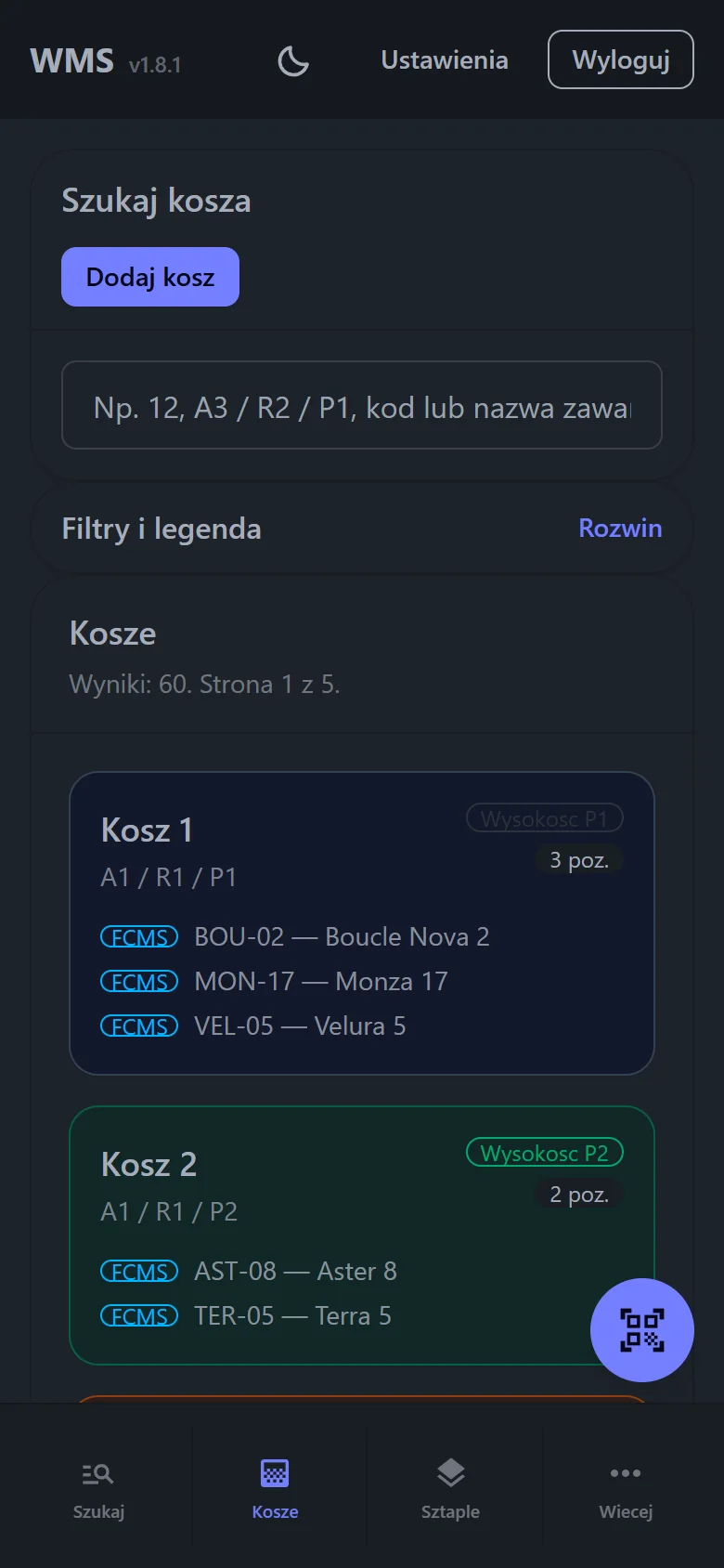 System WMS na telefonie — lista koszy