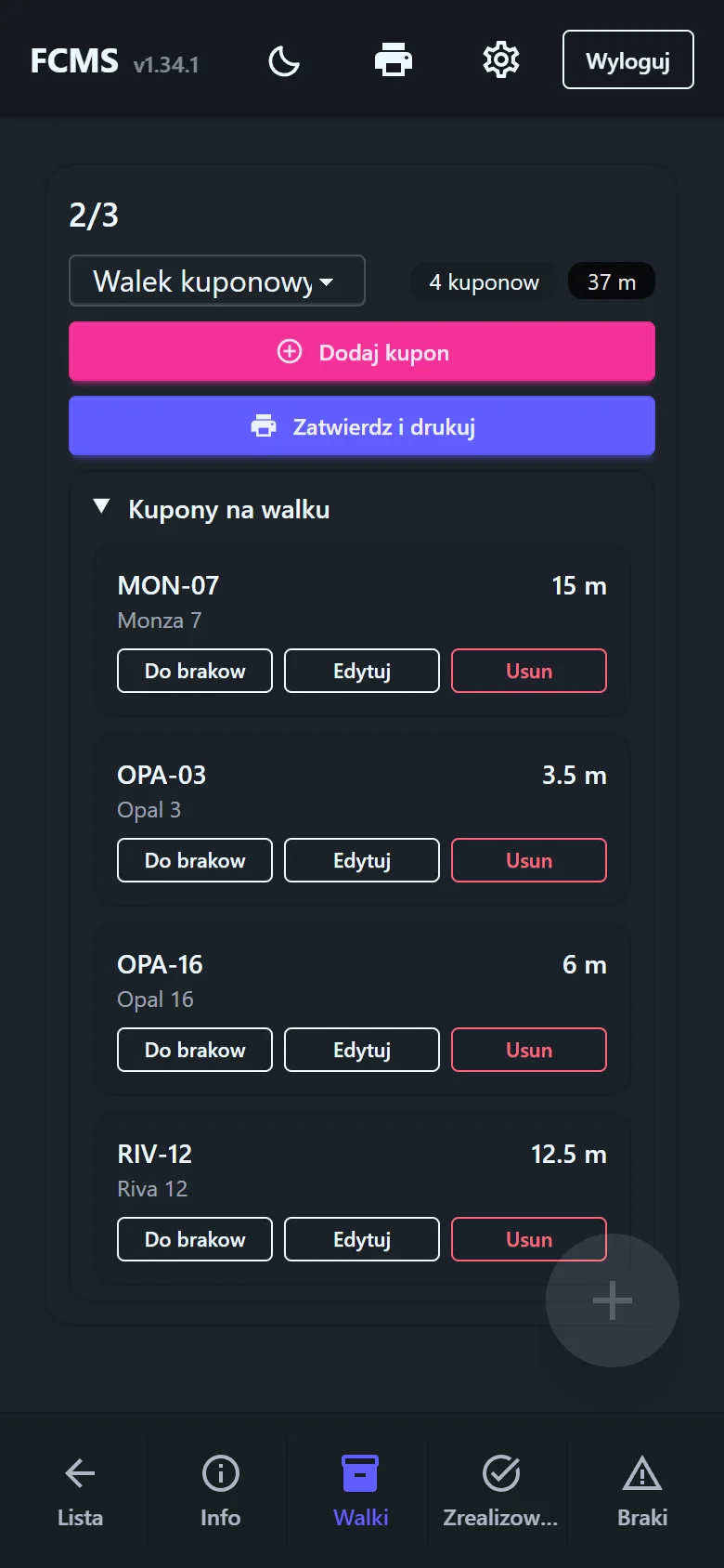 Moduł FCMS na telefonie — kupony na wałku i druk etykiety