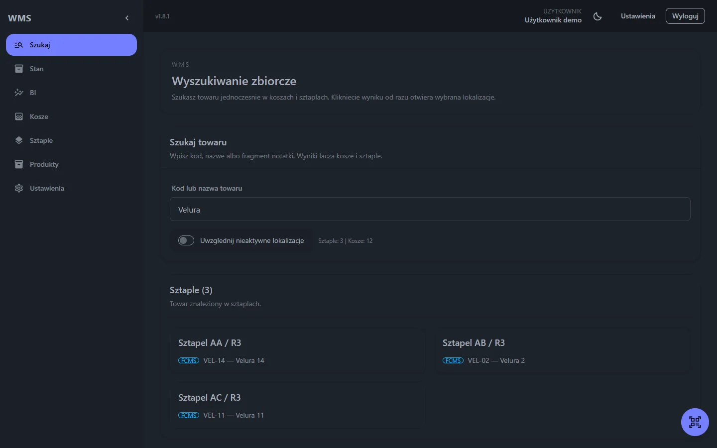 System WMS — wyszukiwanie towaru w koszach i sztaplach